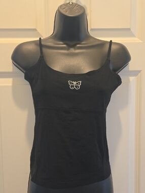 Vintage Y2K Top S Rhinestone Butterfly Sleeveless Joule Tank Black Stretchy
